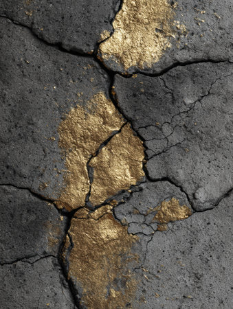 Deep cracks highlighted in gold contrast vividly with the dark concrete surface.の素材