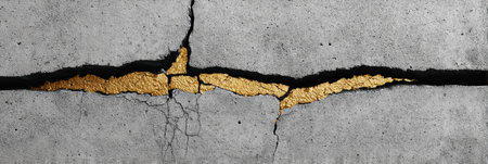 Close-up look at a cracked concrete surface that exposes a golden layer, highlighting the contrast of textures.の素材