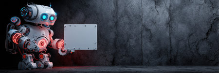 A friendly robot with glowing features stands in a dim room, holding a blank sign and showing an inviting expression.の素材