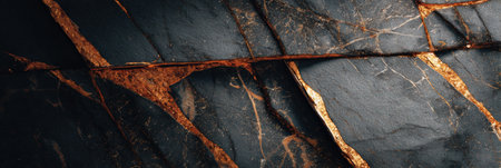 Close-up of black marble with stunning golden veining, ideal for elegant interiors and stylish designs.の素材