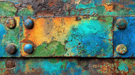 Vibrant paint layers on weathered metal reveal textures and hues, showcasing beauty in decay.の素材