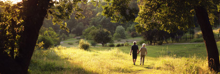 Two elderly individuals stroll on a serene path in a sunny park, surrounded by lush greenery and gentle sunlight.の素材