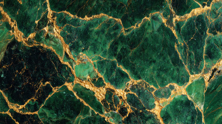 Rich green marble with striking gold veining creates an elegant and luxurious pattern ideal for interior spaces.の素材