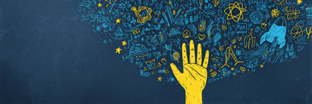 A yellow hand reaches for colorful cosmic elements, symbolizing imagination and curiosity about the universe.の素材