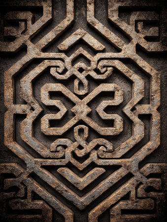 Detailed craftsmanship showcases a geometric pattern carved into a stone-like material, highlighting wear and age.の素材