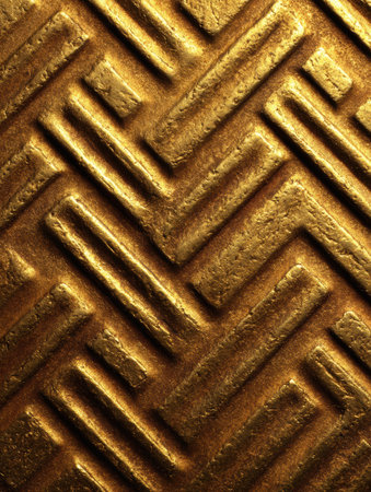 Golden patterned surface displays a striking chevron design with depth and texture, highlighted by contrast and light.の素材