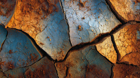 The parched ground shows intricate patterns of cracks in vibrant earth tones created by the suns exposure.の素材