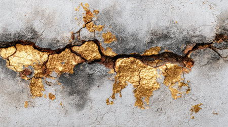 Surface shows cracks revealing gold tones, creating a unique visual contrast with the rough gray backdrop.の素材