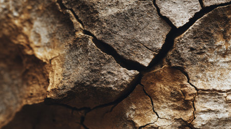 Natural rock surface features deep cracks and unique textures, showing shades of brown and gold in warm lighting.の素材