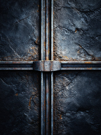 A rusty metal cross contrasts against dark stone, revealing intricate textures and patterns.の素材