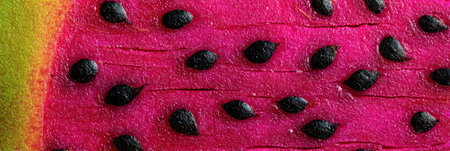 Bright watermelon slice reveals rich pink flesh and scattered black seeds, creating a refreshing and appetizing scene.の素材