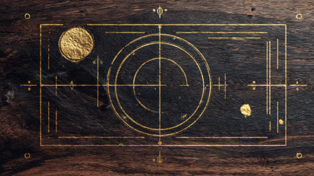 Golden geometric shapes on a wooden background reveal exceptional craftsmanship and artistic detail in design.の素材
