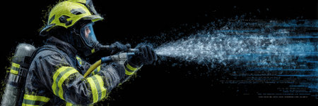 Firefighter in uniform uses hose to spray water, showcasing skills in a dramatic emergency response scene at night.の素材