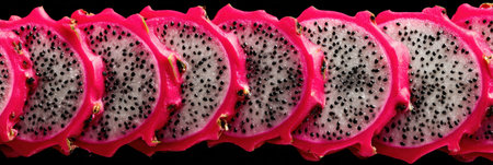 Vibrant dragon fruit slices display a striking contrast between pink skin and unique white flesh.の素材