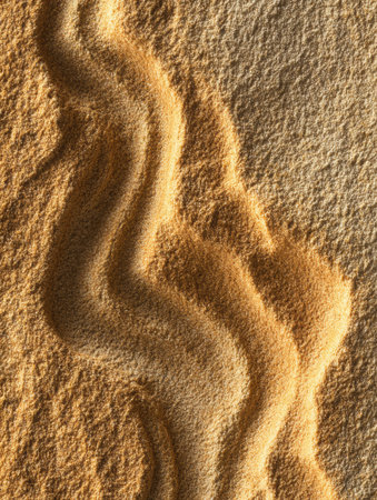 Natural patterns of sand create beautiful wave-like textures, illuminated by sunlight at the beach during the day.の素材