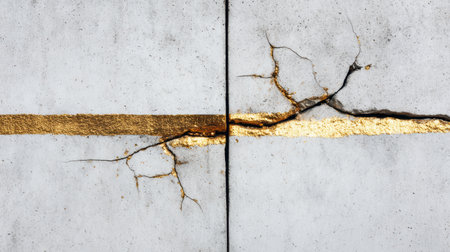 Concrete with golden cracks highlights an artistic approach to structure, showing natures impact on urban design.の素材