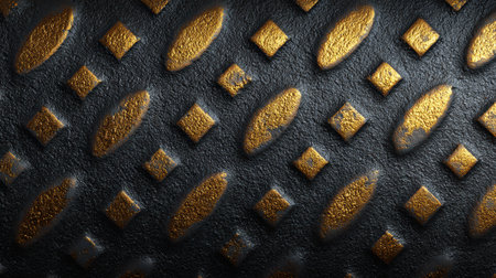A textured surface features golden shapes and patterns set against a dark background, creating an eye-catching design.の素材