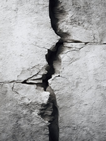 A textured concrete wall shows a deep crack extending vertically, with rough surfaces highlighted by natural light.の素材