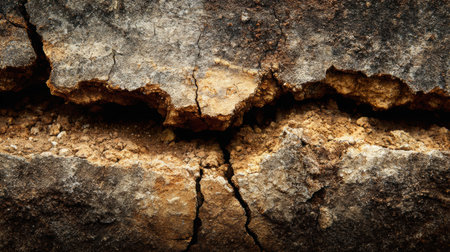 Close-up view of cracked earth showing dry soil and rough textures under strong sunlight, indicating arid conditions.の素材