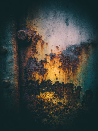 Close-up view of a weathered metal door showing rust and a vibrant mix of colors along its surface.の素材