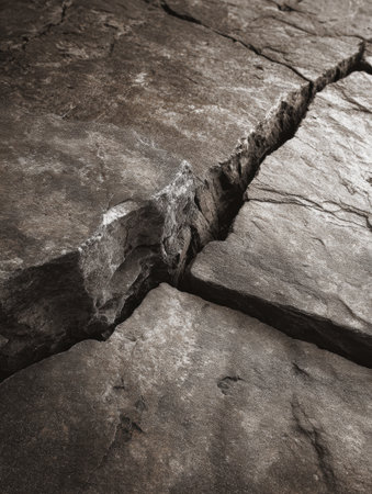 Close-up of a cracked stone surface revealing interesting textures and patterns found in natural rock formations.の素材