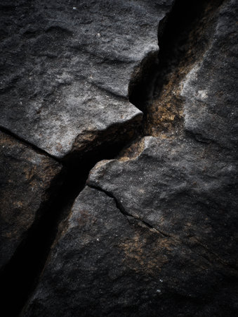 Crack in a rock surface revealing rough texture and shadows, showing natural geological features in daylight.の素材