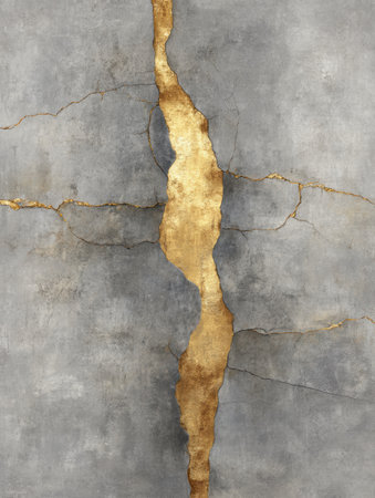 A striking gold crack emerges from a gray textured surface, blending beauty with a sense of uniqueness and style.の素材