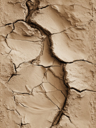 Dried and cracked soil reveals patterns, indicating a lack of moisture in the landscape during a hot season.の素材