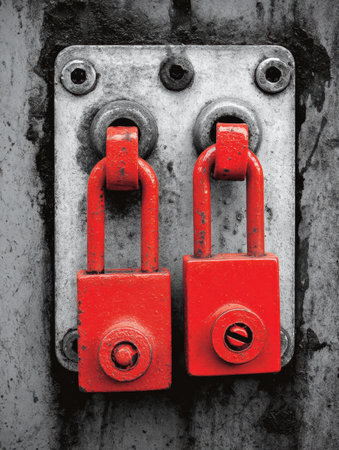 Two red padlocks stand out against a weathered metal panel.の素材