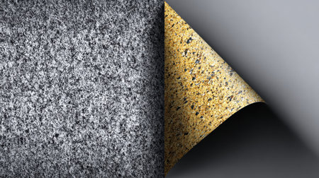 Close-up of gray textured material with a shiny golden speckled layer beneath, on a soft background.の素材