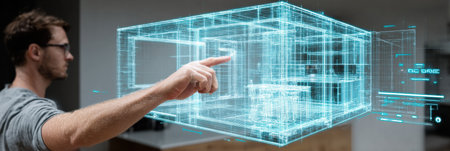 A person interacts with a holographic design of a room, demonstrating advanced technology in a contemporary workspace.の素材