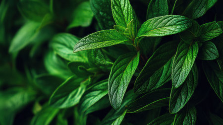 Vibrant green mint leaves fill the frame with rich color and intricate textures, creating a fresh look.の素材