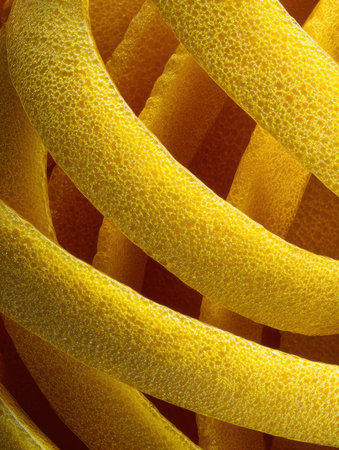 Vibrant yellow lemon peels spiral together, showing their unique texture in a striking close-up.の素材