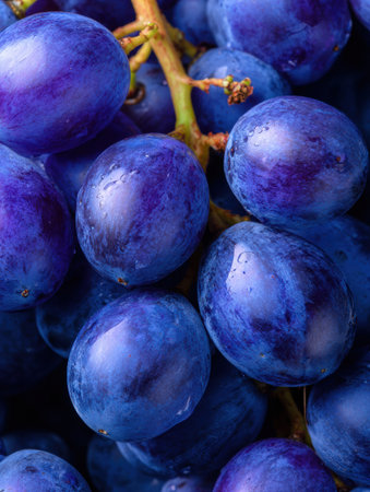 Close-up of shiny blue grapes with water droplets, boosting their rich colorの素材