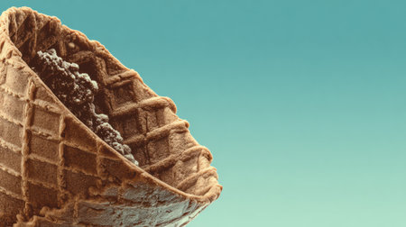 Waffle cone holds creamy chocolate ice cream, contrasting with a vibrant turquoise background.の素材