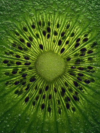 The vibrant green kiwi slice showcases a beautiful circular pattern of seeds.の素材