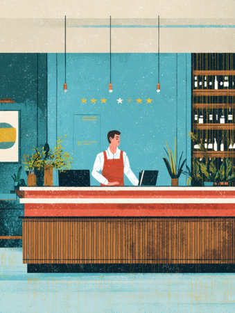 Barista serves orders at a chic cafe counter adorned with plants and wines in a lively setting.の素材