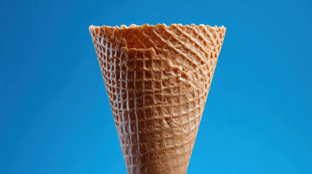 A detailed view of an empty ice cream cone against a bright blue background showcases its textured surface.の素材