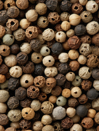 Explore various whole peppercorns unique colors and textures for their culinary and aesthetic appeal.の素材