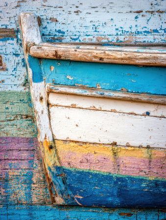 Fragment of a colorful weathered wooden boat hull shows paint peeling in layers of blue, white, pink and yellow tones.の素材