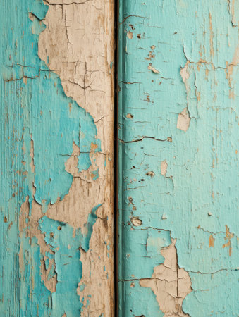 Peeling turquoise paint reveals the raw wood underneath, showing texture and age on the weathered surface.の素材