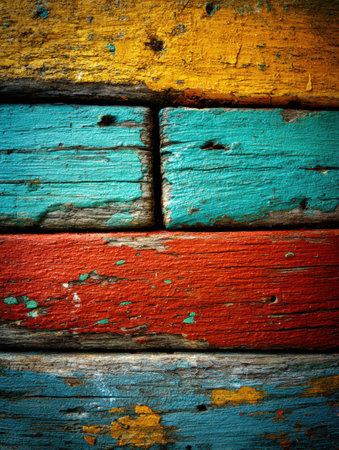 Horizontal wooden planks with peeling paint layers show texture, grain, and weathering, giving a rustic appearance.の素材