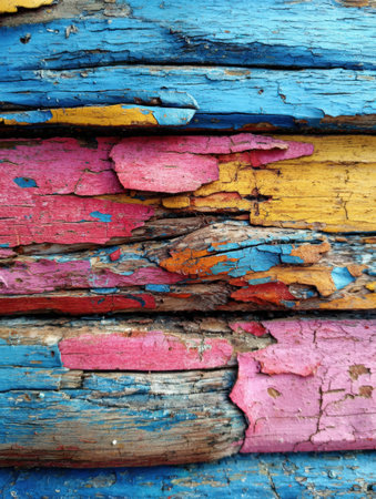 Close up of old wood with layers of colorful peeling paint creates a unique artistic texture and pattern.の素材