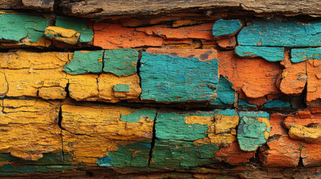 Close-up reveals cracked colorful paint layers on aged wood.の素材