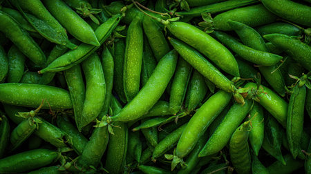 Fresh green pea pods, clustered together, display water droplets, highlighting their texture and inviting taste.の素材