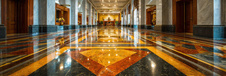 A grand hotel lobby with polished marble floors, stylish furnishings, and decorative elements reflecting light.の素材