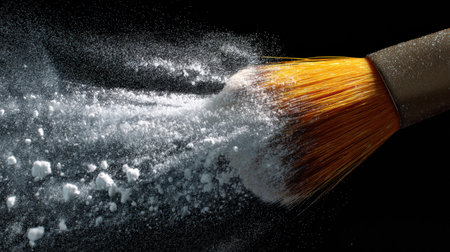 A brush scatters fine powder, showcasing dynamic movement and intricate bristle details against a dark backdrop.の素材