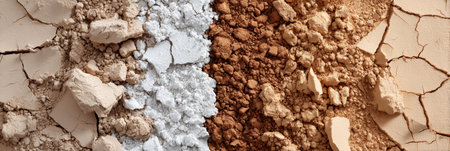 Varying crushed powder shades spread across the surface, showing contrasting textures and colors from white to brown.の素材