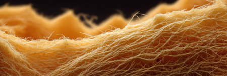 Close-up of fibrous material shows delicate strands and textures, beautifully lit to highlight its natural elegance.の素材