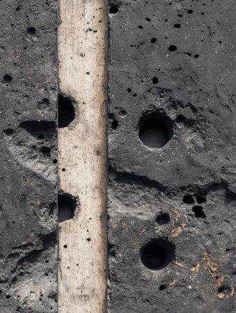 A dark concrete surface with several holes and a vertical piece of wood showcases rough, textured details.の素材